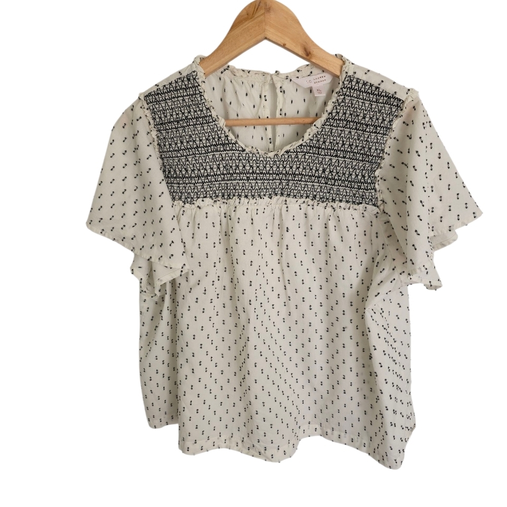 LC Lauren Conrad Flutter Sleeve Top Smock Yoke Black White Size XL